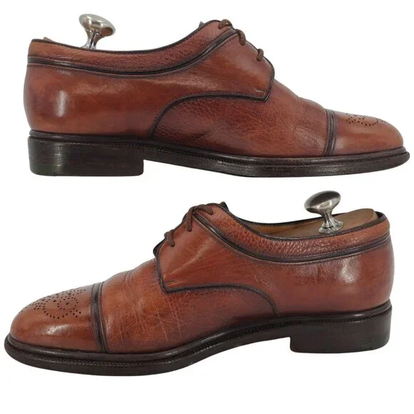 A. Testoni Italian Cognac Brown Leather Dress Shoes Cap-toe Derby Oxfords Mens 8 - Picture 7 of 11